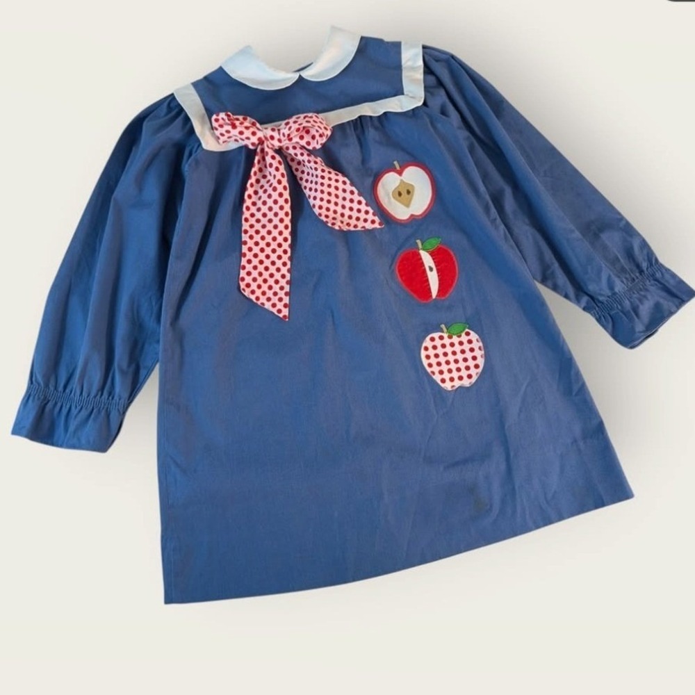 Vintage Chocolate Soup Girls Blue Apple Applique Smock Dress Back to School Sz 7